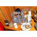 A SMALL GROUP OF GLASSWARES, CERAMICS, LADIES RED LEATHER JACKET, etc, to include blue iridescent