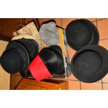 A BOX OF VARIOUS HATS AND BAGS, to include three bowler hats 'The Delegate', 'The Dulcis', etc,