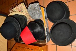 A BOX OF VARIOUS HATS AND BAGS, to include three bowler hats 'The Delegate', 'The Dulcis', etc,