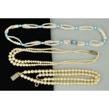THREE IMITATION PEARL NECKLACES, one a graduated two row design with marcasite clasp, another a