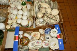 THREE BOXES OF CERAMICS, DON BRECKON PRINT, PETIT POINT DRESSING TABLE ITEMS, etc, to include