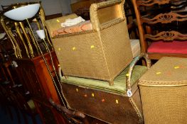 TWO VARIOUS WICKER BLANKET CHESTS, a similar linen basket and a nest of three tables (4)