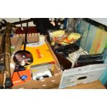 THREE BOXES AND LOOSE SUNDRY ITEMS, to include light fittings, walking sticks, pictures, handbags,