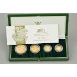 A GOLD PROOF UNITED KINGDOM ELIZABETH II FOUR COIN SET OF FIVE POUNDS, Double Sovereign, Sovereign