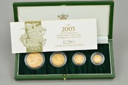 A GOLD PROOF UNITED KINGDOM ELIZABETH II FOUR COIN SET OF FIVE POUNDS, Double Sovereign, Sovereign