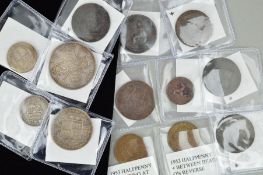 A SMALL GROUP OF COINS AND TOKENS, to include a 1887 Double Florin, 1875 half Crown, 1826