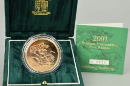 A GOLD FIVE POUNDS B.U. COIN 2001, in box of issue by the Royal Mint with certificate of