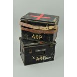 TWO WWII ERA A.R.P. WARDENS METAL CARRYING TINS, one still has the leather strap attached, black
