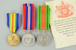 A WWII DEFENCE AND WAR MEDAL, (un-named), together with issue slip and a WWI Victory medal named