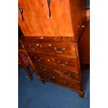 A REPRODUCTION GEORGIAN STYLE MAHOGANY CHEST of two short and three long drawers with light oak
