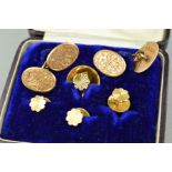 A LATE VICTORIAN CASED 9CT GOLD CUFFLINK AND DRESS STUD COLLECTION, cufflinks oval discs, floral