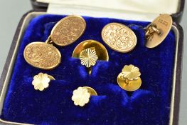 A LATE VICTORIAN CASED 9CT GOLD CUFFLINK AND DRESS STUD COLLECTION, cufflinks oval discs, floral