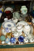 TWO BOXES AND LOOSE CERAMICS, GLASS, etc to include Wedgwood 'Moresque' and 'Turnberry' coffee pots,