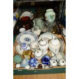 TWO BOXES AND LOOSE CERAMICS, GLASS, etc to include Wedgwood 'Moresque' and 'Turnberry' coffee pots,