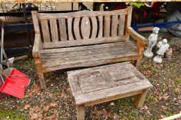 A TEAK GARDEN BENCH AND STOOL (2)