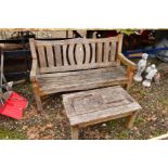 A TEAK GARDEN BENCH AND STOOL (2)