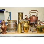 A GROUP OF BRASS AND COPPER ITEMS, to include a stick stand, coal scuttle, log bin, kettle and