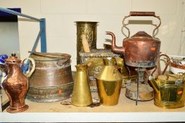 A GROUP OF BRASS AND COPPER ITEMS, to include a stick stand, coal scuttle, log bin, kettle and