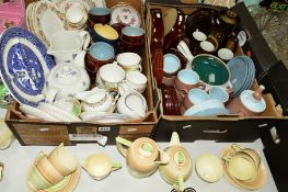 TWO BOXES AND LOOSE CERAMICS, to include a Wedgwood Art Deco teaset, assorted Denby tea/