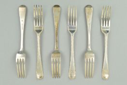 A SET OF SIX VICTORIAN BEAD PATTERN DESSERT FORKS, engraved crest, makers John Aldwinckle & Thomas