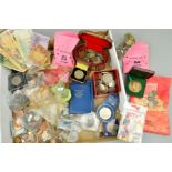 A BOX OF ASSORTED COINAGE, to include silver coins, a 1930 halfcrown, two Victoria crowns, etc
