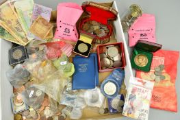 A BOX OF ASSORTED COINAGE, to include silver coins, a 1930 halfcrown, two Victoria crowns, etc