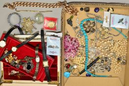 A SMALL BOX OF COSTUME JEWELLERY to include an onyx and marcasite brooch, two pairs of gem ear