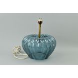 A VINTAGE SWEDISH RIBBED PUMPKIN SHAPED BLUE GLASS LAMP BASE, with the remains of a paper label,