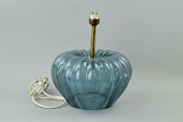 A VINTAGE SWEDISH RIBBED PUMPKIN SHAPED BLUE GLASS LAMP BASE, with the remains of a paper label,