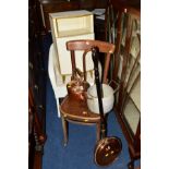 A 20TH CENTURY BENTWOOD CHAIR, copper kettle, warming pan, metal pan, cased sewing machine, wicker
