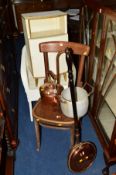 A 20TH CENTURY BENTWOOD CHAIR, copper kettle, warming pan, metal pan, cased sewing machine, wicker