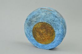 A SMALL TROIKA POTTERY WHEEL VASE, blue and green circle design, St Ives backstamp and monogram,