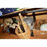 A QUANTITY OF SUNDRY ITEMS, to include wicker baskets, ceiling lights, records, books, pans,