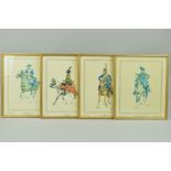 FOUR FRAMED PRINTS OF EUROPEAN MOUNTED SOLDIERS IN UNIFORM 1790-1880, one glass front is cracked