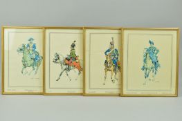 FOUR FRAMED PRINTS OF EUROPEAN MOUNTED SOLDIERS IN UNIFORM 1790-1880, one glass front is cracked