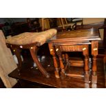 A REPRODUCTION MAHOGANY PIANO STOOL together with an oak nest of two tables (2)