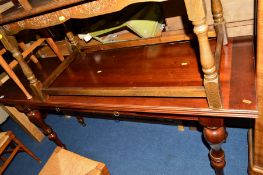 A REPRODUCTION MAHOGANY RECTANGULAR SIDE TABLE with fold over top on turned legs, approximate