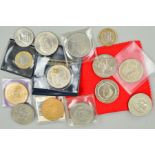 A BOX LID OF COINS AND COMMEMORATIVES, to include a Morgan Dollar 1896, three UK five pound coins,