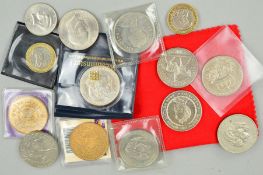 A BOX LID OF COINS AND COMMEMORATIVES, to include a Morgan Dollar 1896, three UK five pound coins,