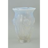 A 1930'S BAROLAC OPALINE VASE, with raised tulip decoration, height 23.5cm