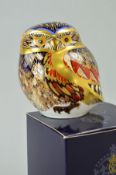 A BOXED ROYAL CROWN DERBY PAPERWEIGHT, 'Little Owl', gold stopper