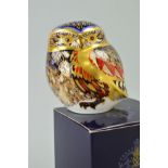 A BOXED ROYAL CROWN DERBY PAPERWEIGHT, 'Little Owl', gold stopper