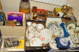 SEVEN BOXES AND LOOSE CERAMICS, GLASS, SUNDRY ITEMS ETC, to include Colclough tea/dinnerwares,