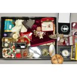 A SMALL BOX OF COSTUME JEWELLERY AND ACCESSORIES, to include two child's bangles, two pendants and