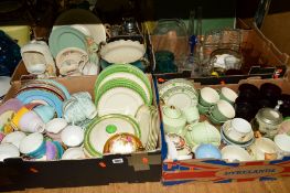 FOUR BOXES AND LOOSE ASSORTED TEA WARES, GLASSWARES, etc to include Edwardian china Harlequin tea