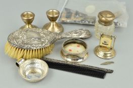 A PARCEL OF SILVER TO INCLUDE, a silver mounted Bridge card/Trump marker, dwarf candlesticks,