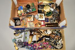 A BOX OF COSTUME JEWELLERY to include a marcasite bracelet, necklace, two pairs of earrings and a