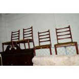 A SET OF FOUR MAHOGANY LADDER BACK CHAIRS and an oak shelf (5)