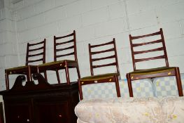 A SET OF FOUR MAHOGANY LADDER BACK CHAIRS and an oak shelf (5)