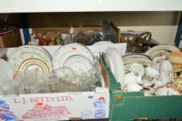 FIVE BOXES OF ASSORTED CERAMICS AND GLASS etc, to include Royal Doulton 'Angelique' plates,